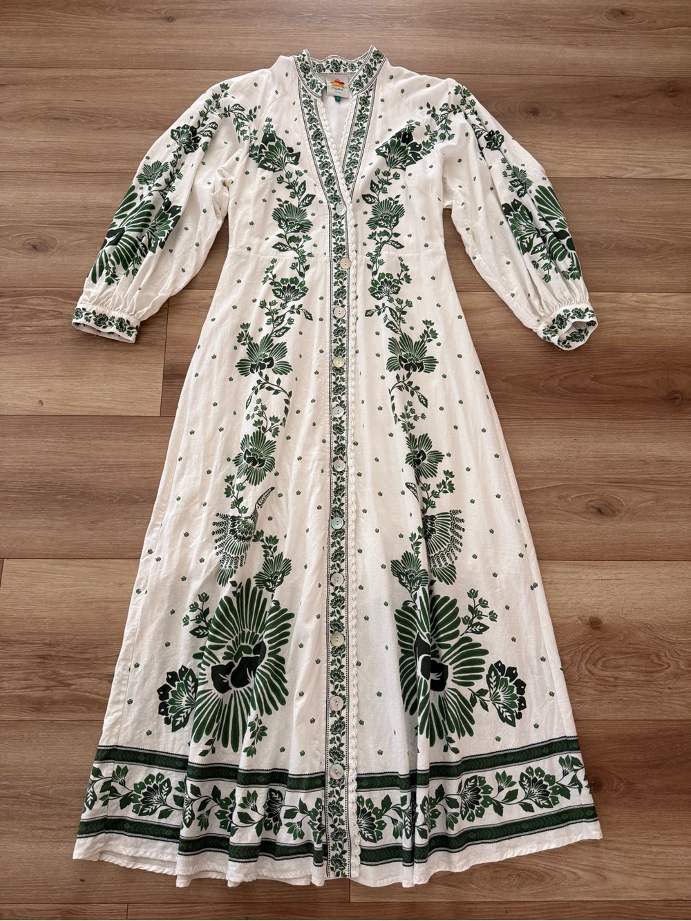 FARM RIO BRAND FOREST SOUL LINEN MAXI DRESS White & Green Floral size LARGE